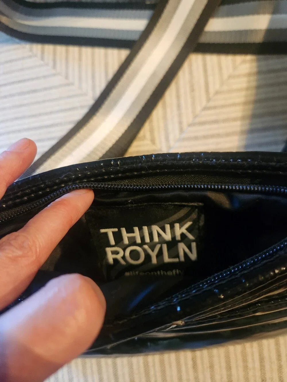 Black Quilted Crossbody Bag with Stripe Strap